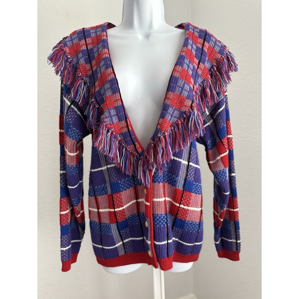 Vintage GENE EWING BIS WOMAN Hong Kong Red Purple Fringe CARDIGAN Sweater